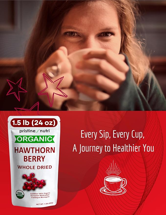 1.5 lbs (24 oz) 100% Organic Hawthorn Berries Dried Bulk | Make Hawthorn Berry Tea | European Wildcrafted Berries | Make Wellness Tea for Heart Support Blood Pressure and Stress Relief