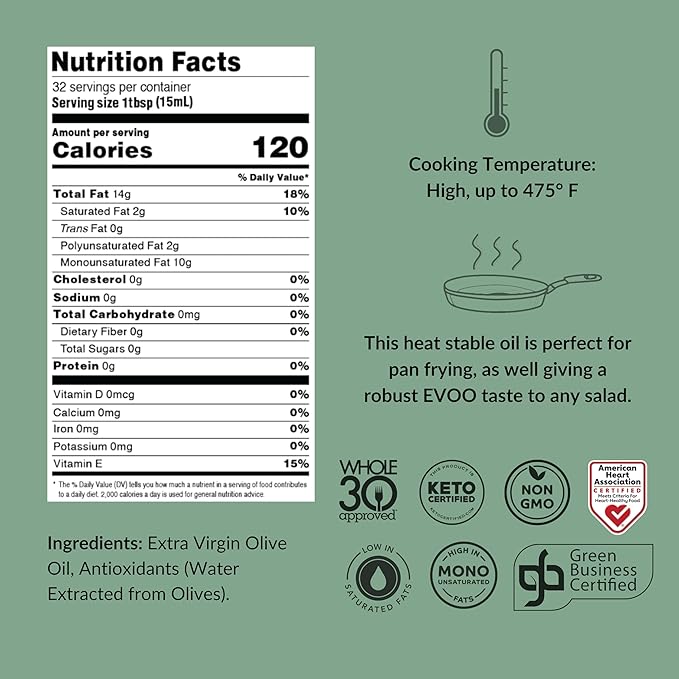 Fresh Press Farms Cold Pressed High Heat Extra Virgin Olive Oil for Pan Frying and Grilling 16.4 Fl Oz (Pack of 2) Georgia Grown 100% American Made Unrefined Certified Whole30 Non-GMO Keto Pal