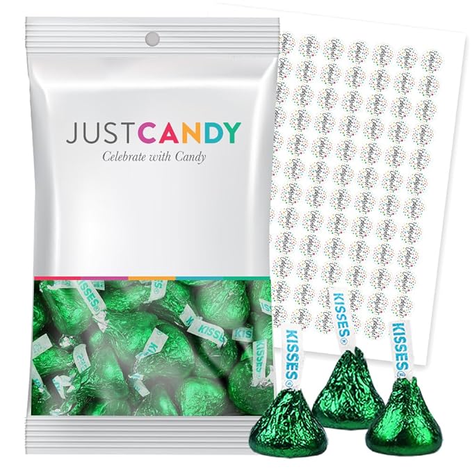 Green Candy Milk Chocolate Kisses Plus Exclusive Bonus Free Kiss Stickers - 90 Count