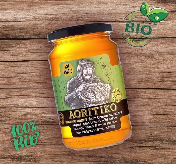 Aoritiko Organic Pure Cretan Mountain Honey | Organic Greek Honey | 100% Natural Wildflower &amp Herb-Infused Rich Aromatic Flavor Harvested from Pristine Greek Flora | 450 gram glass jar