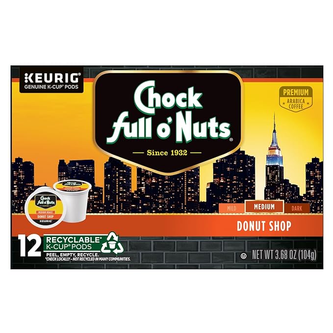 Chock Full o'Nuts Coffee K-Cup Pods (Colombian Donut Shop &amp Heavenly Hazelnut) Variety Pack