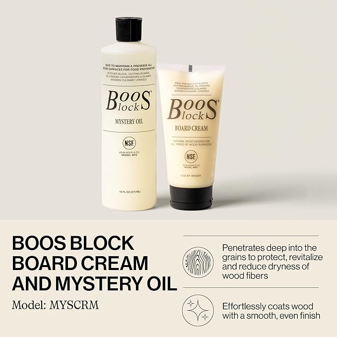 John Boos 2-Piece All-Natural Care &amp Maintenance Set – 16 oz Mystery Oil &amp 5 oz Board Cream for Butcher Blocks Cutting Boards Wood Countertops and Wooden Utensils