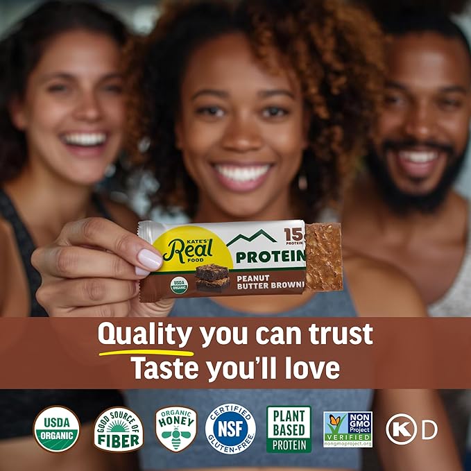 Kate’s Real Food Organic Protein Bars – (Peanut Butter Brownie 2.2 oz Pack of 12) – Plant Based Protein Bars - Gluten Free Soy Free Non GMO Whole Grains and All Natural