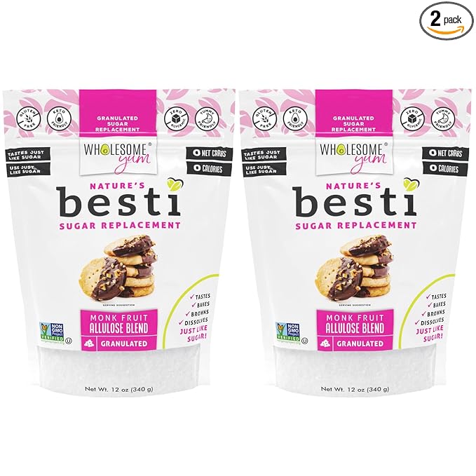 Wholesome Yum Besti Natural Sugar Substitute - Keto Granulated Monk Fruit Sweetener Blend With Allulose (No Erythritol) - Non GMO Zero Calorie Zero Carb Sugar Free No Aftertaste (12 oz 2 Pack)