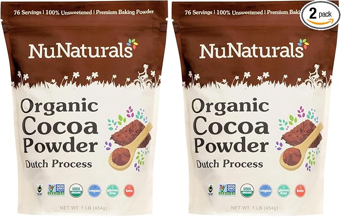 NuNaturals Unsweetened Organic Fair Trade Cocoa Powder Premium Dutch-Process For Drinking and Baking 1 lb (Pack of 2)