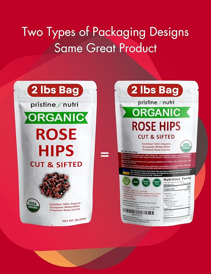 2 lb (32 oz) 100% USDA Organic Rose Hips Dried Bulk Rosehips Cut &amp Sifted Shells 95% Seedless European All Natural Makes 140 Cups of Vitamin C Rich Tea (Packaging May Vary)
