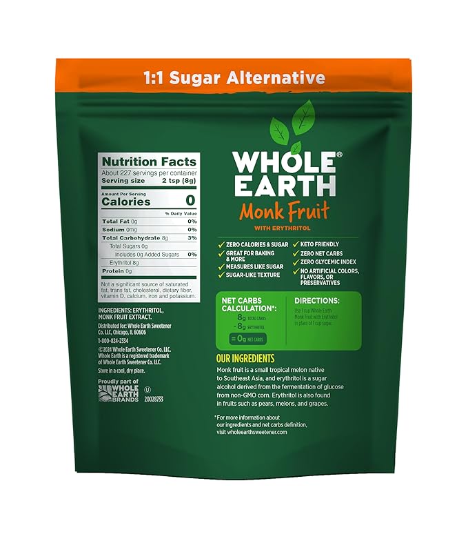 WHOLE EARTH Monk Fruit Sweetener with Erythritol Plant-Based Sugar Alternative 4LBS