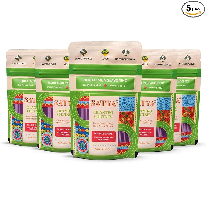 Satya Cilantro Chutney Powder Seasoning Mix 0.6 oz Sachets (Pack of 5- 85gm) – Herb Lemon Indian Seasoning for Vegetables &amp Seafood - Vegan Gluten &amp Dye Free Low Sodium Authentic Indian Spic