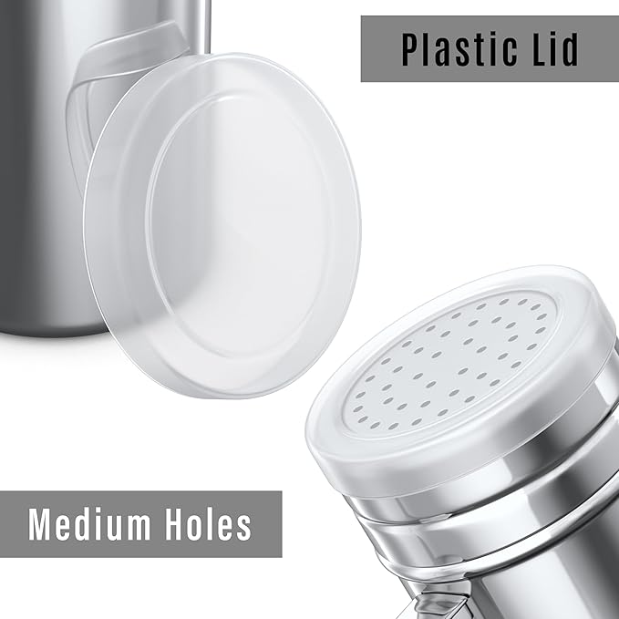 [6-pcs] 14 oz Seasonings Spice Shakers with Adjustable Fan-Style Lids and Handles + [1-pc] 14 oz Stainless Steel Salt Pepper Dredge Shaker with Plastic Cap and Handle Bundle