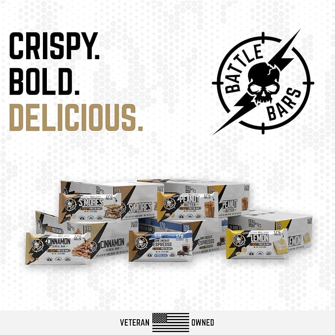 Battle Bars Crispy Protein Bar 16g Protein per serving - Gluten Free No Artificial Flavors or Colors - Veteran Owned - S'Mores (60g) 10 Count