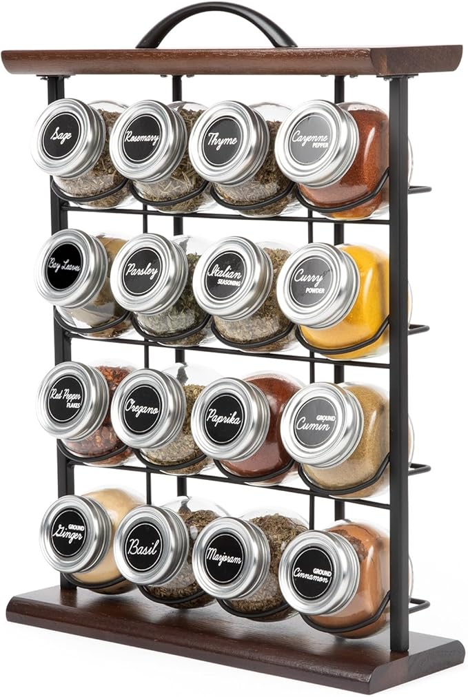 Orii 16 Jar Acacia Wood Vertical Spice Rack with Spices Included &amp 5-Year Spice Refill Program – Space-Saving Countertop Spice Rack with Glass Jars
