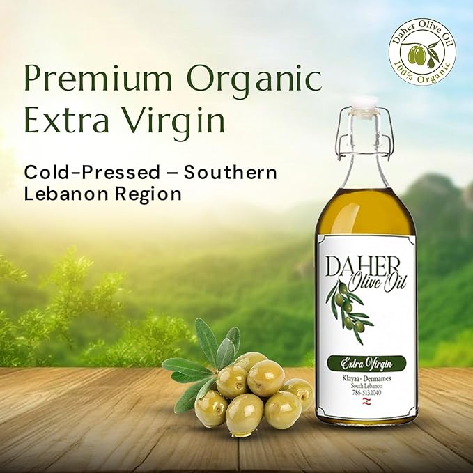 Daher Olive Oil - 33.8 FL OZ - Premium Organic Extra Virgin - Cold Pressed - Southern Lebanon Region - Low acidity rich in polyphenols for gourmet cuisine
