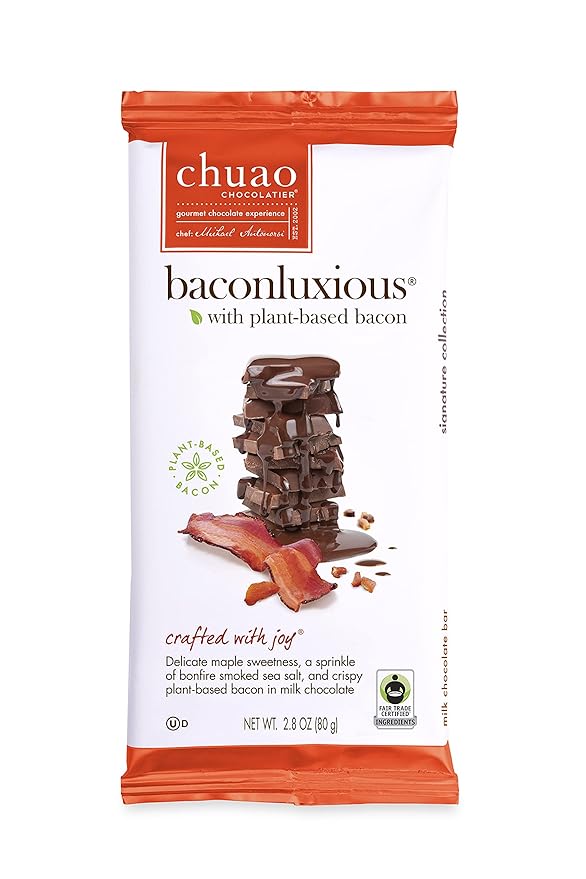 Chuao Chocolatier Baconluxious Chocolate with Plant-Based Bacon Milk Chocolate Bars | Gourmet Chocolate Artisan European No Preservatives | For Gift Baskets Christmas Valentines Day Gifts for Women