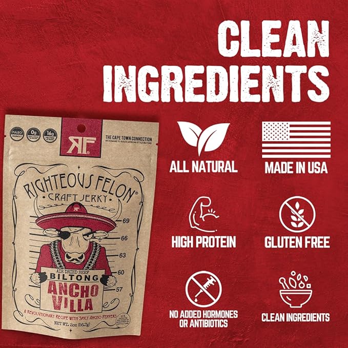 Righteous Felon Biltong Beef Jerky | South African Biltong Snack Packs for Adults | High Protein Keto-Friendly Low Sugar | Made with Premium Meats | Beef Jerky Gifts for Men | Ancho Villa 3 Pack
