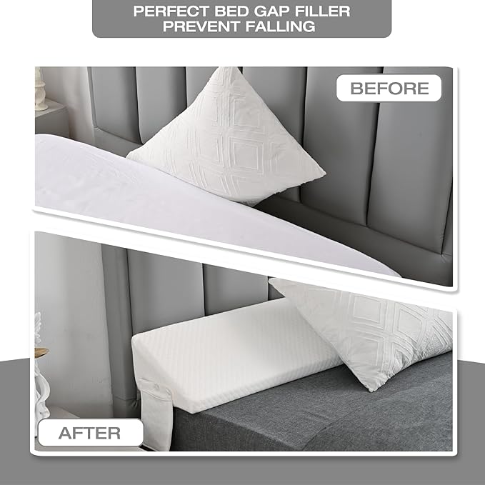 Twin Bed Wedge Pillow Headboard &amp Mattress Gap Filler Long Triangle Edge Corner Pillows 10x6x76in Dense Foam White with Pockets – Prevents Pillow/Toy Drops Bed Accessories Home Collection
