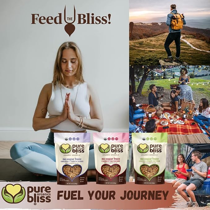 Pure Bliss Organics NO SUGAR BUZZ GRANOLA VARIETY PACK 3-12oz bags one each Cashew Raisin Granola Cashew Cranberry  Cocoa Cashew Butter  Certified Organic and Gluten Free Vegan Non GMO Low Gly