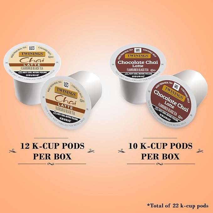 Twinings Chai Latte Variety K-Cup Pods for Keurig 12 Traditional + 10 Chocolate Made with Real Black Tea &amp Spices Creamy Slightly Sweet Caffeinated Enjoy Hot or Iced (Pack of 2)