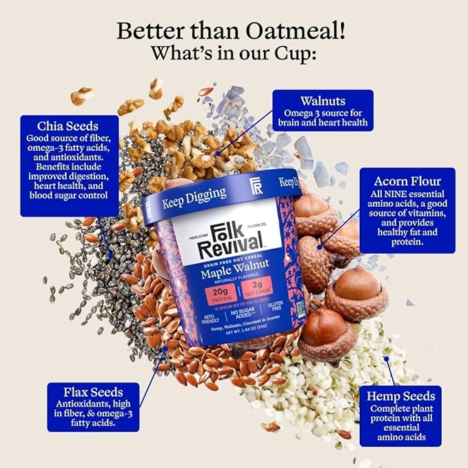 Folk Revival Maple Walnut Keto Instant 'Oatmeal' - 20g Protein 2g Net Carbs High Fiber Non GMO Gluten Free Made with Acorns - 12 Cups Per Case