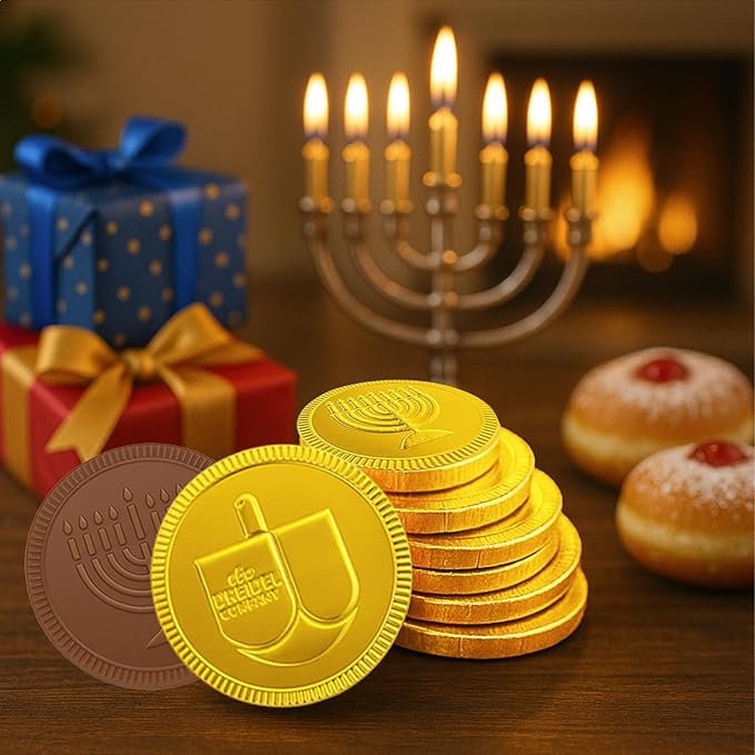The Dreidel Company Hanukkah Chocolate Gelt 96-Pack Mesh Bags of Milk Chocolate Coins Kosher Certified Dairy Dreidel and Menorah Design Chanukah Coins