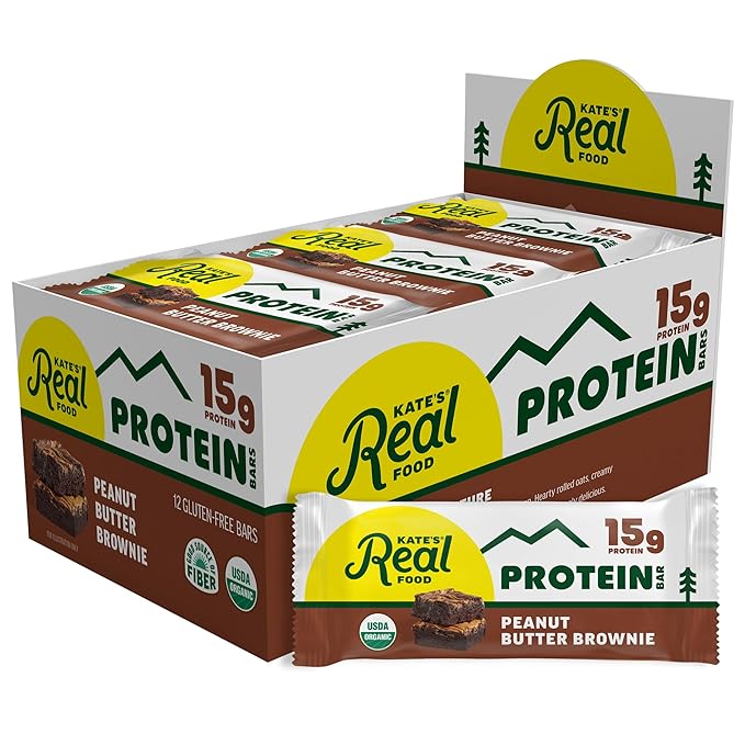 Kate’s Real Food Organic Protein Bars – (Peanut Butter Brownie 2.2 oz Pack of 12) – Plant Based Protein Bars - Gluten Free Soy Free Non GMO Whole Grains and All Natural