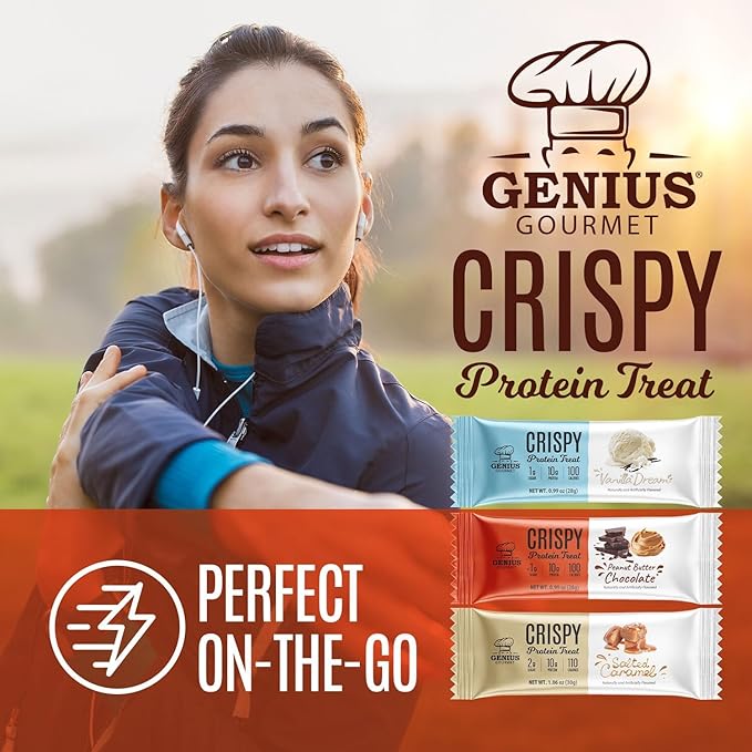 Genius Gourmet Crispy Protein Treat Chocolate Peanut Butter Keto Snack Low Carb Low Sugar &amp Gluten Free Protein Snacks for Adults 10G of Whey Protein per Protein Bar 5 Net Carbs 10 CT