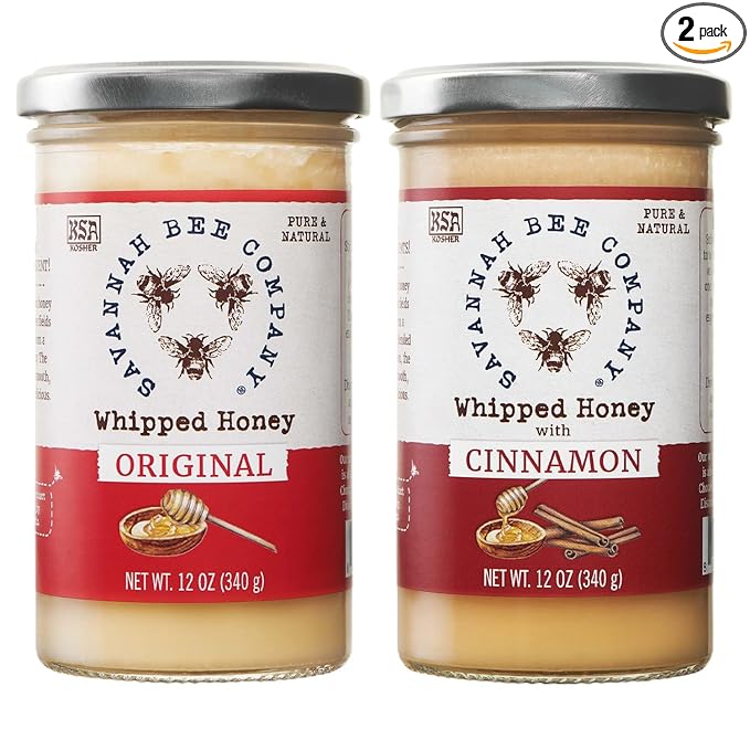 Whipped Honey Gift Set by Savannah Bee - Creamy Smooth Spreadable and absolutely Delicious - 100% Natural and Pure Honey - 12 Oz (Original &amp Cinnamon)