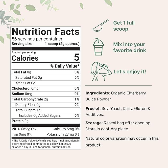 Organic Elderberry Juice Powder 4oz | 100% Natural Fruit Powder | Cold Pressed European Elderberries | No Sugar &amp Additives | Great Flavor for Drinks Smoothie &amp Beverages | Non-GMO &amp Ve