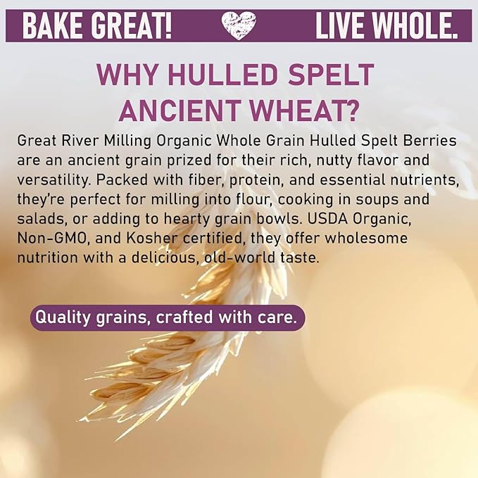 Great River Milling Organic Hulled Spelt Berries | Ancient Whole Spelt Grain | High Fiber &amp Protein | Non-GMO &amp Kosher | Ideal for Baking Salads Pilaf &amp More | 5 Lb