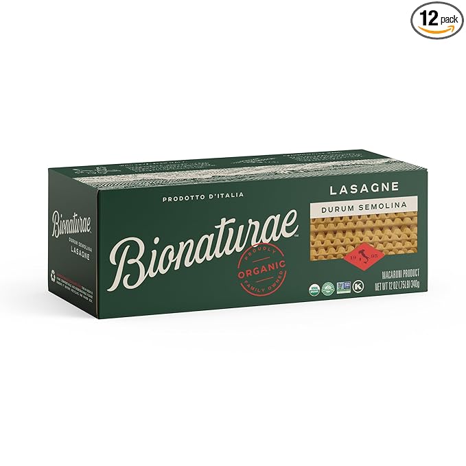 Bionaturae Lasagna Pasta Noodles - Durum Semolina Pasta Kosher Certified High Protein Non-GMO USDA Certified Durum Semolina Lasagna Lasagna Pasta Organic Crafted in Italy - 12 Oz 12 Pack