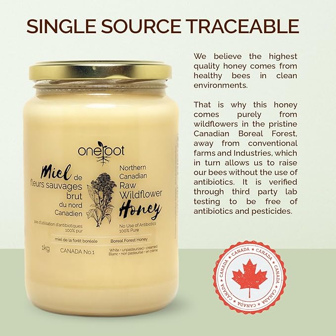 Oneroot 100% Canadian Wildflower Honey - 1kg / 2.2lbs Unheated &amp Creamed - Nutrient-Rich Natural Sweetener with Enzymes - Thick &amp Pure Raw Unfiltered Honey