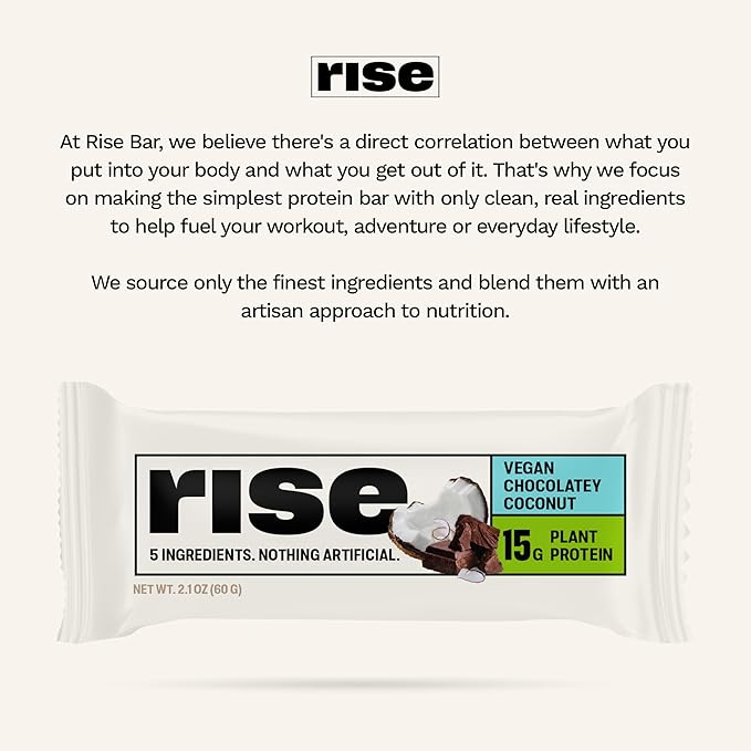 Rise Pea Protein Bar - Chocolately Coconut | Breakfast Bar &amp Protein Snack 15g Protein Just 5 Whole Food Ingredients Non-GMO Gluten-Free Soy Free