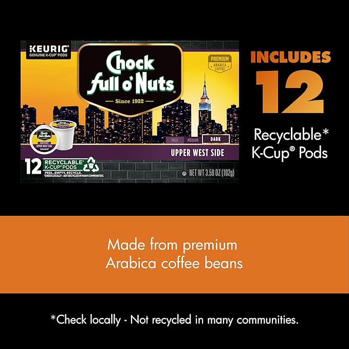 Chock Full o' Nuts Upper West Side Keurig K-Cup Pods for Keurig Brewers – Premium Arabica Dark Roast – Single Serve – 1 Pack of 12 K-Cup Pods