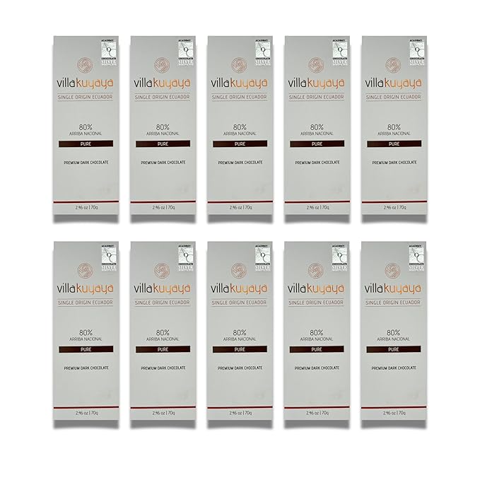 Villakuyaya Premium Dark Chocolate Single Origin 80% Pure (Silver Award Winner at the 2020 Academy of Chocolate Awards London) – Gourmet Ecuadorian Cacao Vegan &amp Gluten-Free (Pack of 10)