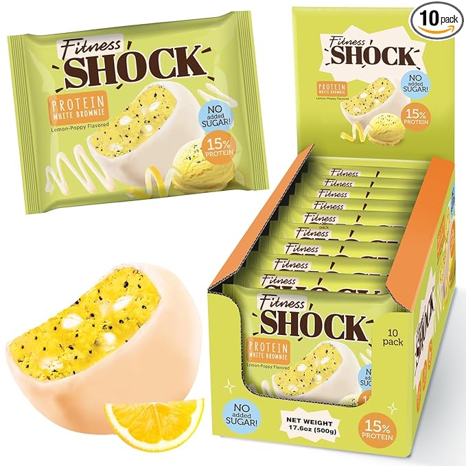 FitnesSHOCK Protein Brownie – Lemon Poppy White Chocolate – Low Sugar Dessert Snack (2g Total Sugar No Added Sugar) – Healthy Snack – 10 Count