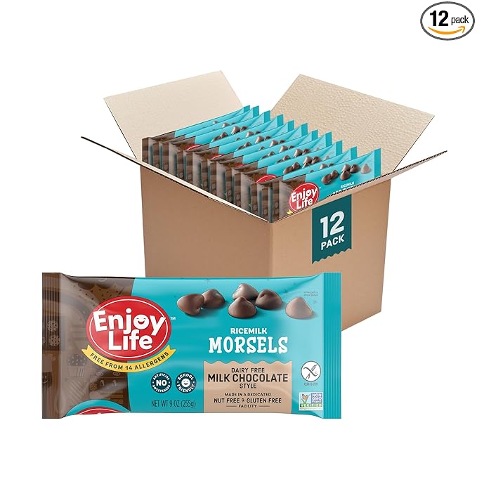 Enjoy Life Ricemilk Baking Morsels Milk Chocolate Flavor Gluten Free School Safe Non GMO Dairy Free Soy Free Vegan Nut Free Chocolate 12 Bags (9 oz) Bulk Chocolate