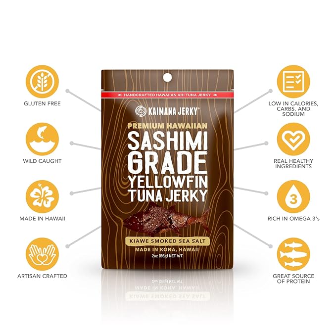 Kaimana Ahi Tuna Jerky Kiawe Smoked Sea Salt - Soft and Tasty - Premium Fish Jerky Made in the USA. High in Omega 3's All Natural and Wild Caught - 2 Ounce (Pack of 3)