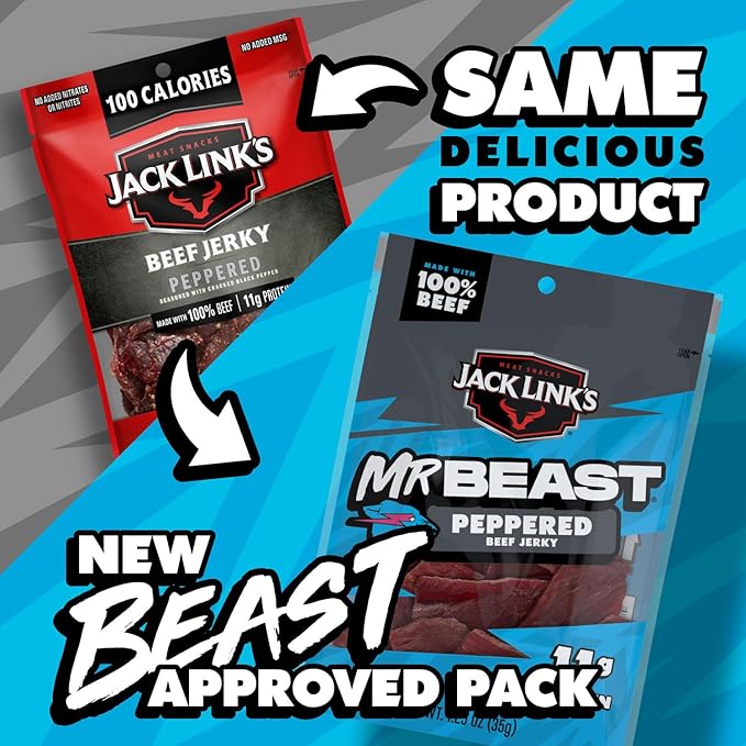 Jack Link’s x MrBeast Beef Jerky Peppered Beef Jerky As Seen on Beast Games 11g Protein Made with 100% Real Beef Pantry-Ready Snacks 10 Count