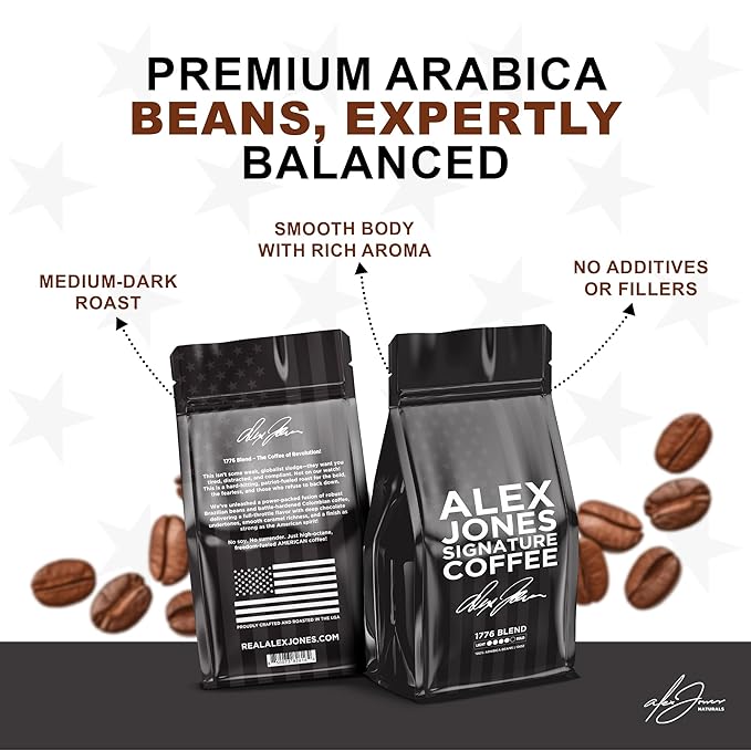 Alex Jones Naturals Organic Dark Roast Arabica Coffee - Signature 1776 Blend - Bold Smooth &amp Rich Flavor with Clean Finish – Freshly Roasted Colombian and Brazilian Coffee – 10 oz Bag