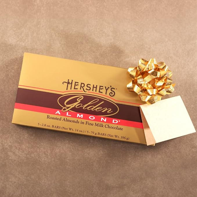 HERSHEY'S GOLDEN ALMOND Chocolate Bar Roasted Almonds in Fine Milk Chocolate Candy Bar Individually Wrapped Bars in Gift Box 14 Ounce Box
