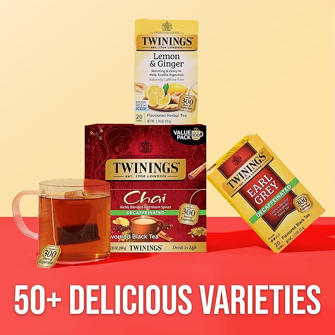 Twinings Decaffeinated Chai Individually Wrapped Bags 100 Count (Pack of 1) Sweet Savoury Spices Enjoy Hot or Iced 100 Teabags