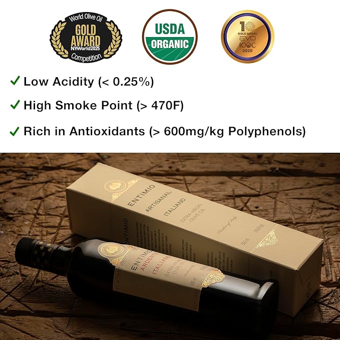 Entimio Ardente Organic Italian Extra Virgin Olive Oil from Italy 600+ mg/kg High in Polyphenols 2025 Gold Winner Sicily Early Harvest evoo Cold Extracted Lab Tested - 16.9 fl oz