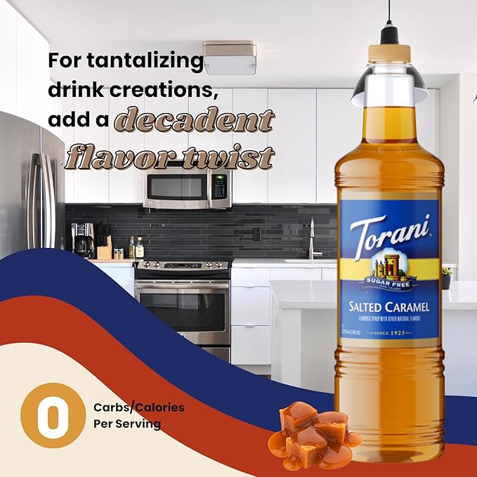 Torani Sugar Free Salted Caramel Syrup 1 Liter Bottle with Pump Dispenser – Zero Calorie Flavored Coffee Syrup for Lattes Cold Brews Teas Cocktails &amp Desserts – Keto Friendly