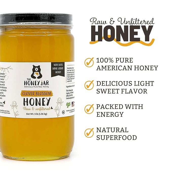 The Honey Jar Raw Clover Honey - Unfiltered and Unpasteurized - Pure Honey Sourced from Family-owned Farms in the USA - 2 x 3lb (48oz) Jars