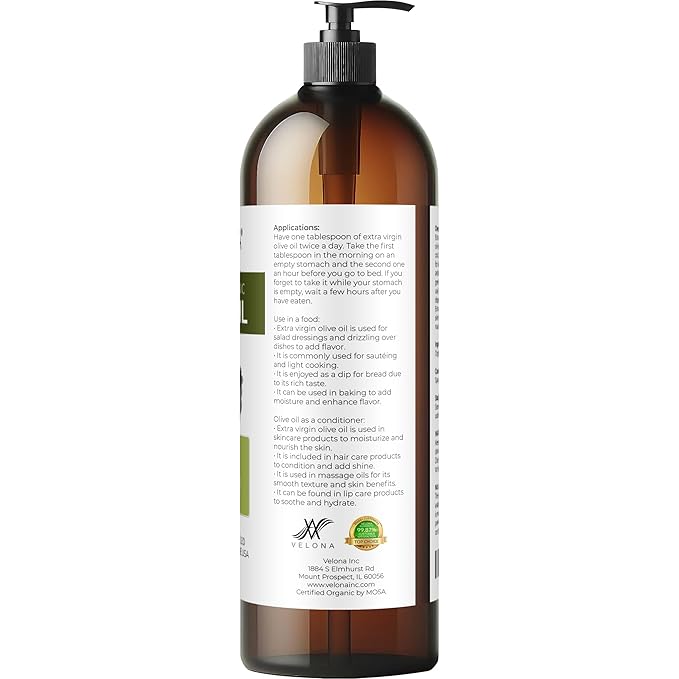 velona USDA Certified Organic Olive Oil - 32 Fl Oz | 100% Pure and Natural Carrier Oil | Extra Virgin Unrefined Cold Pressed | Cooking Dressing Face Hair Body &amp Skin Care | Use Today - Enjoy