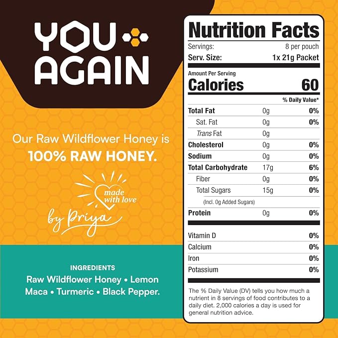 You Again Super Honey Lemon Turmeric | Workout Clean Energy Gel Packs | Cycling Endurance Running Gel or Energy Snack | Paleo &amp Carnivore Snack | Gluten-Free | Made in USA | 8-Pack