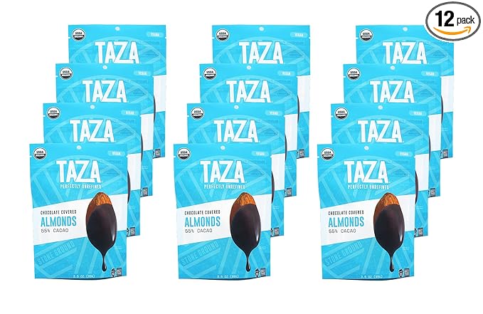 Taza Chocolate Organic Chocolate Covered Almonds 55% Dark Chocolate Vegan 3.5 Ounce (12 Count)