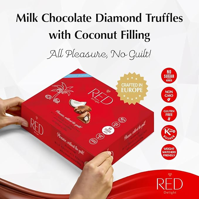 RED Delight®™ Milk Chocolate Diamond Truffles - with Coconut Filling (7 Boxes (4.66 OZ EACH) + 14 Plush Teddy Bear)