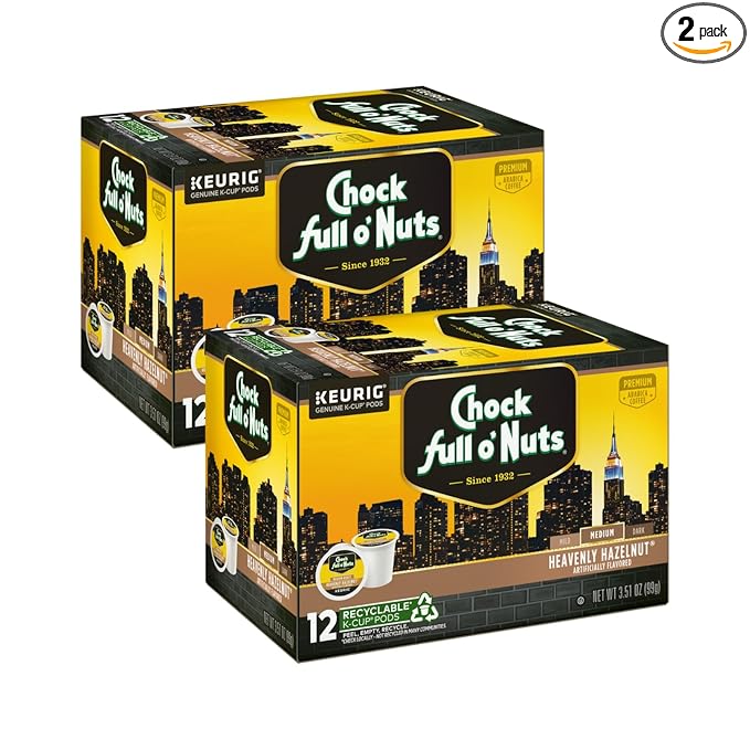 Chock Full o'Nuts Heavenly Hazelnut Coffee Compatible with K-Cup Pods 12 CT (Pack of 2)
