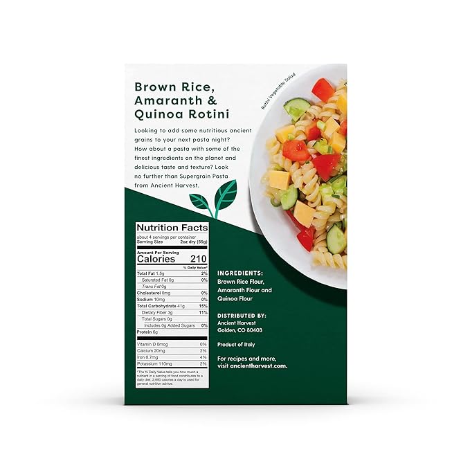 Ancient Harvest Gluten-Free Supergrain Pasta Plant-Based Vegan Rotini with Amaranth &amp Quinoa 8 Oz (Pack of 6)