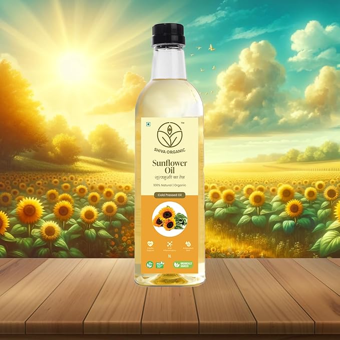 Shiva Organic Cold-Pressed Sunflower Oil - 100% Natural 1L (33.8 fl oz)) for Cooking and Health